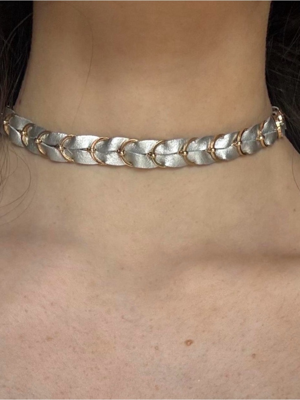 Silver and Gold Braided Leather Choker Necklace